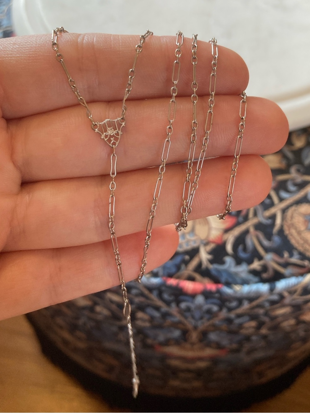 Antique Edwardian 12K White Gold-Filled Long Length Filagree Necklace Signed